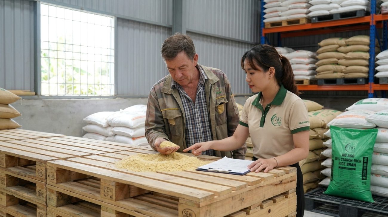 quy trình phối trộn cám gạo cho vật nuôi
